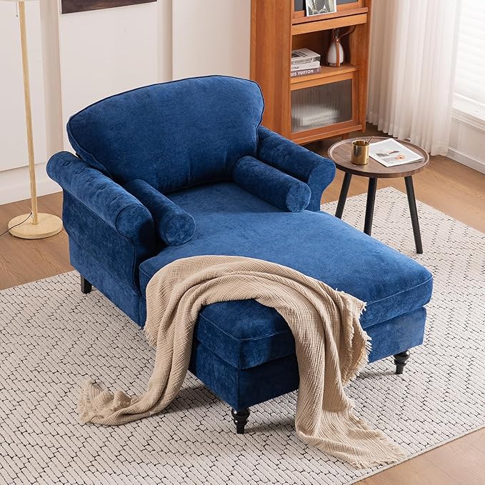 59.3 D Chaise Lounge Chair IndoorModern Chenille Upholstered Recliner Sofa with 2 Rolled PillowsComfy Sleeper Chair Bed for Living Room Bedroom Office(Blue 1 Seat)