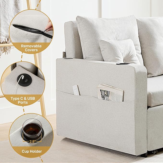 Convertible Sleeper Sofa Bed 56 Loveseat Sleeper Sofa with Pull Out Couch Bed Full Size Storage Pocket USB Port Comfy Small Couches for Living Room Bedroom Apartment Beige