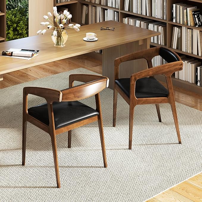GOFLAME Accent Chairs Set of 4 Mid-Century Modern PU Leather Armchair with Padded Seat &amp Backrest Rubber Wood Frame Upholstered Reading Chair Leisure Chair for Living Room