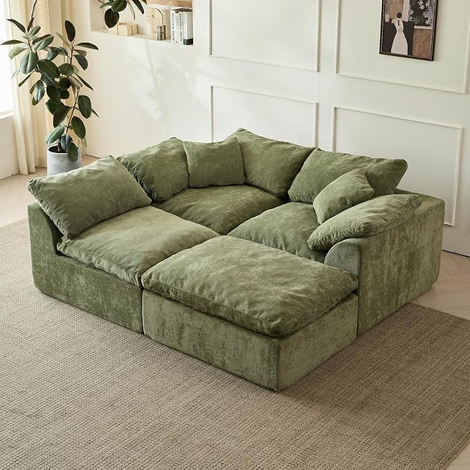 109 Modern Cloud Couches for Living Room Deep Seat Convertible L-Shape Boneless Couch with Ottoman Oversized Comfy 3-Seater Couch Chenille Fabric Compressed Sofa Modular Sectional Sofa (Green)