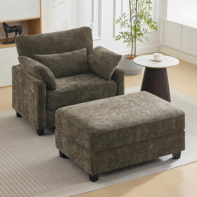 57.5 Oversized Chaise Lounge with Ottoman Indoor Brown Reading Chair with Ottoman &amp Sofa Bed Chenille Upholstered Comfy Sleeper Chair for Living Room Bedroom Office