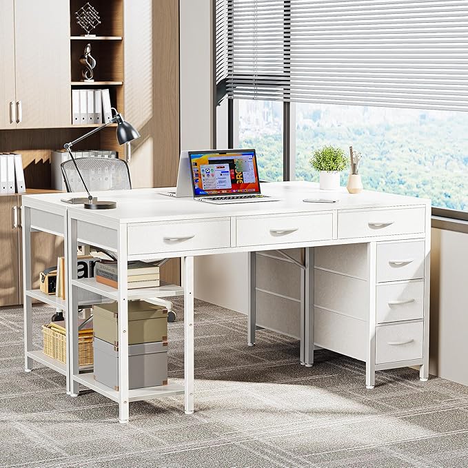 Huuger Computer Desk with 6 Drawers Office Desk with Shelves Reversible Gaming Desk Corner Desk with Storage Work for Home Office Study Living Room 47inch White