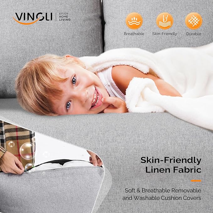 VINGLI 47 Small Couch Linen Loveseat Sofa Light Grey Mini Couch Mid Century Modern Decor Love Seat for Small Spaces Living Room Bedroom Play Room