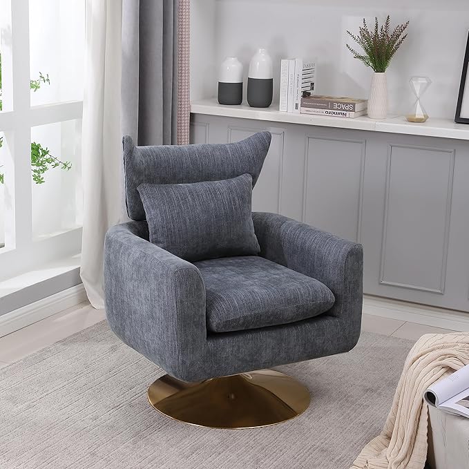 JOSHEN 360 Swivel Accent Chair IndoorModern Linen ArmchairComfortable Upholstered Lounge Chair with Metal Base for Living RoomApartmentOfficeGray