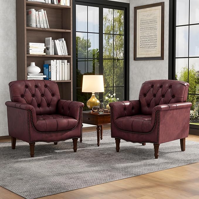 Faux Leather Accent Chairs Set of 2 Modern Armchair Club Chair with Nailhead Trims &amp Wood Legs for Living Room Upholstered Comfy Arm Chair Side Chair for Office Bedroom-Dark Red