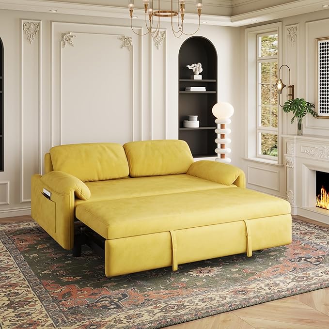 KEIKI Velvet 3 in 1 Convertible Full Sofa Bed with Pull-Out Sleeper Adjustable Backrest Side Pockets &amp Recliner Function Space-Saving Sofa for Small Rooms Yellow