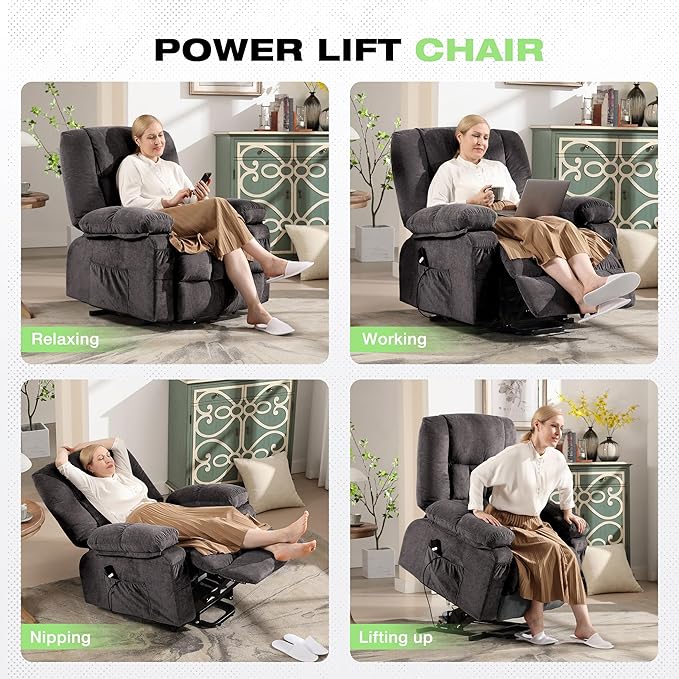 BOSMILLER Power Lift Recliner Chair with Massage and Heat for ElderlyElectric Lift Chair with USB Charging Runction and Side Pockets Suitable for Living Rooms and bedroomsGrey