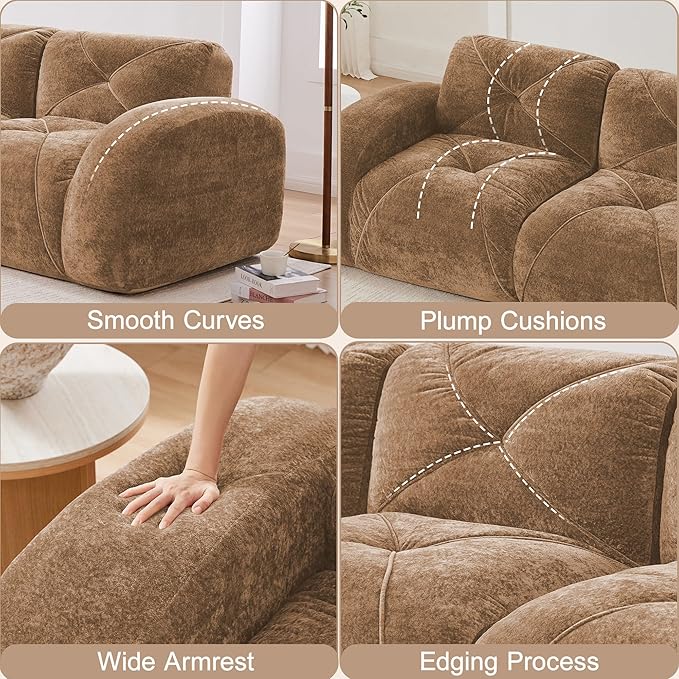 Boneless Couch Sectional Couches for Living Room 110.6'' Cloud Couch with Deep Seat Comfy Soft Velvet Modular Sectional Sofa Modern Oversized 3-Seater Boneless Sofa No Assembly Camel