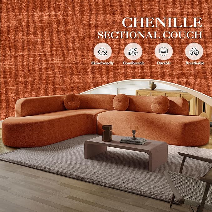 Deep Seat Curved Sectional Sofa - Cloud Round Couch with Elegant Curved Design &amp 3 Round Cushions L-Shaped Comfy 4 Seater Floor Sofa No Assembly Required (Orange)