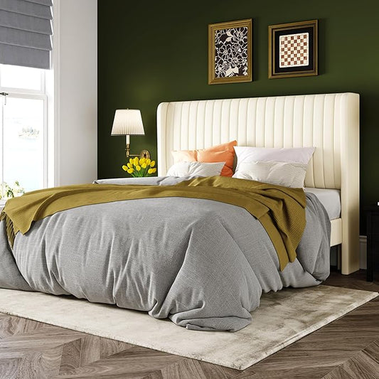 Allewie Queen Size Velvet Bed Frame/Vertical Channel Tufted Wingback Headboard/Upholstered Platform Bed/Strong Wooden Slats/No Box Spring Needed/Easy Assembly/Cream White