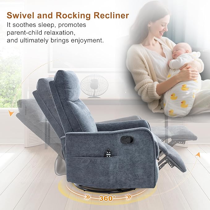 Manual Swivel Rocker Recliner Chair for Adults Overstuffed Reclining Glider Chair for Nursing with Vibration Massage &amp Heat Living Room Rocking Recliner 2-Stage backrest Chenille Fabric Blue