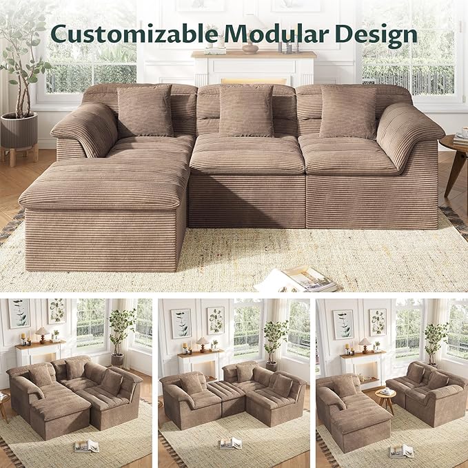 112 Modular Cloud Sectional Couch with Ottoman Modern Upholstered Compressed Sofa with Deep Seat Comfy L-Shape Corduroy Couches for Living Room No Assembly Required Camel