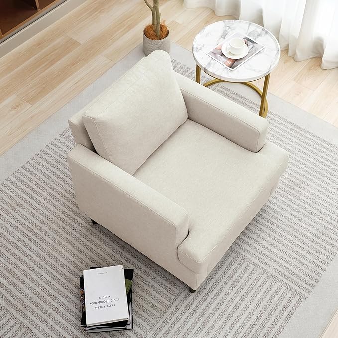 Mid-Century Accent ChairModern Linen Fabric Armchair for Living RoomComfy Upholstered Reading Accent Chairs for BedroomSingle Sofa Chair with Wood Legs (Beige 1 Pack)