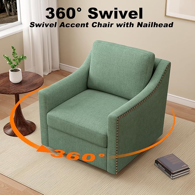 Set of 2 Swivel Accent Chairs for Living Room 360° Swivel Upholstered Club Armchairs with Nailhead Trim Metal Swivel Base Linen-Textured Fabric – Green