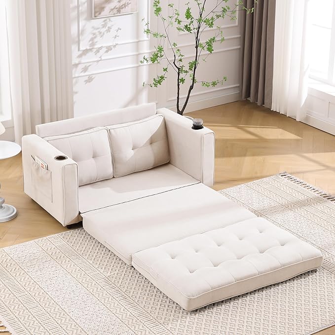 Ball &amp Cast 3-in-1 Folding Floor Sofa BedMulti-Functional 2 Seater Pull Out Couch with Side Pockets and Cup HoldersMordern Foldable Tufted Loveseat for Living Room Office ApartmentBeige