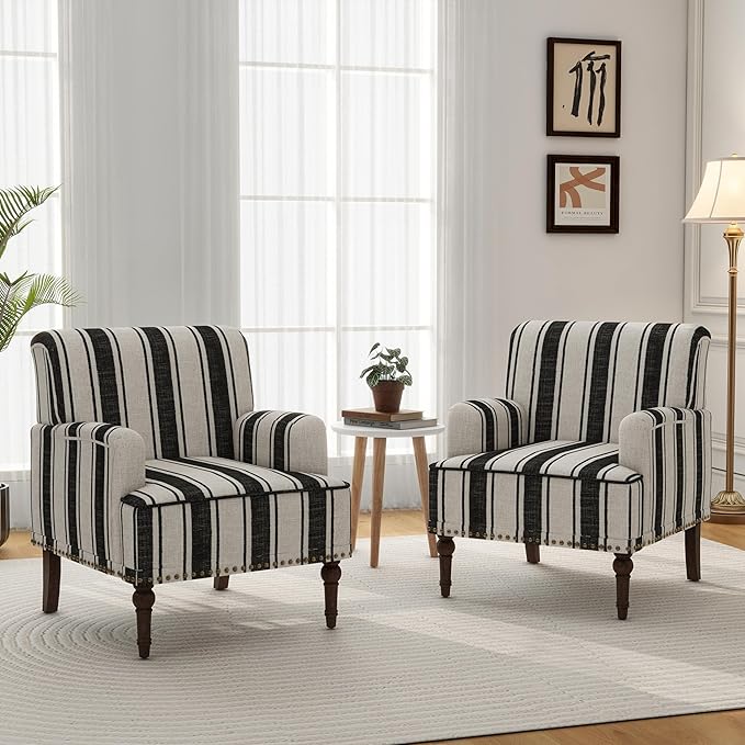 Accent Chair Mid Century Modern Comfy Armchair for Living Room Linen Fabric Single Sofa Lounge for Reading Bedroom Apartment Waiting Room with Wood Legs (Black Stripe Set of 1)