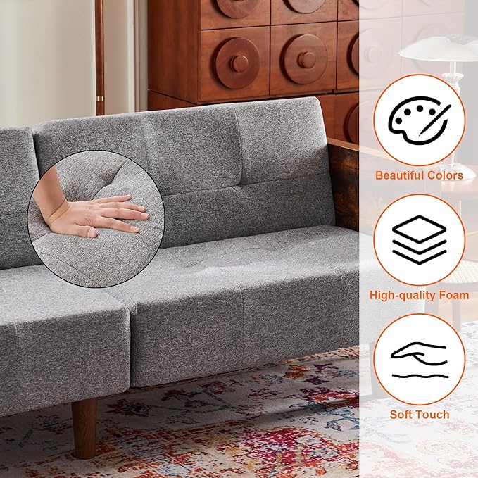 71 Futon Sofa Bed Convertible Couch for Small Spaces – Twin Sleeper with Cotton Fabric &amp Wooden Armrests Grey Upholstered Sofa Bed (Grey)