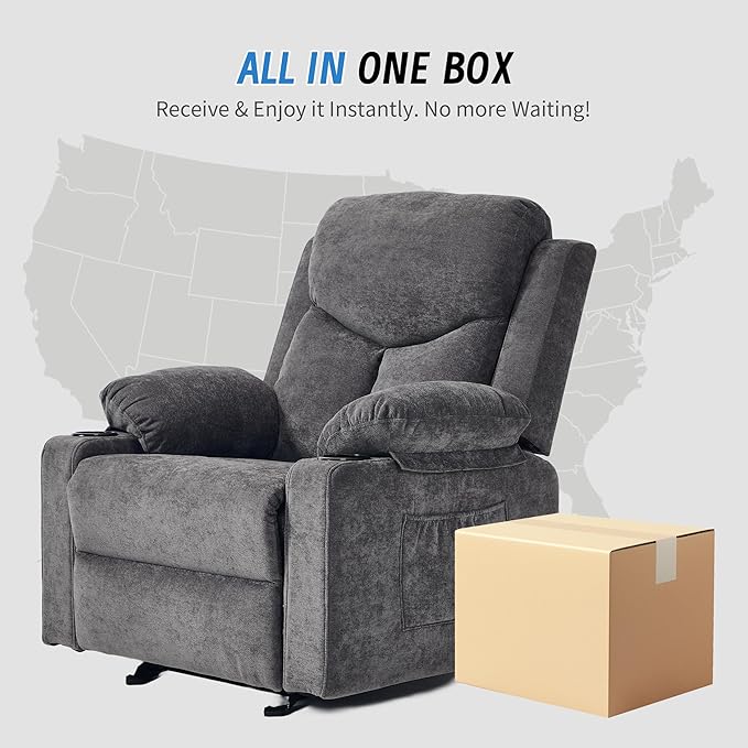 Manual Rocker Recliner Chair for Adults with Vibration MassageGlider Rocking Recliner Chairs for Living Room Bedroom Overstuffed Reclining Sofa Chair with Pockets and Cup Holds (Dark Grey)