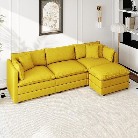 Aoowow Modular Sectional Sofa Modern Convertible L Shaped Couch111.5 Inch Deep 3-Seater Sofas Set Comfy Chenille Cloud Sofas and Couches with Movable Ottoman for Living Room Apartment（Yellow）