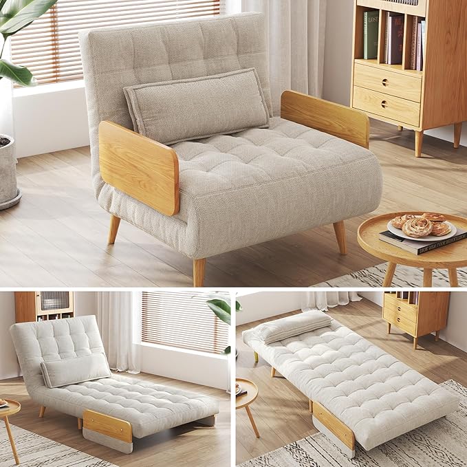 JASIWAY Convertible Sleeper Chair Bed for Adults 3 in 1 Linen Convertable Futon Chair with Pillow Fold Out Single Sleeper Couch Guest Bed for Small Spaces Bedroom Office Mid-Century 36.6 | 5 Ad