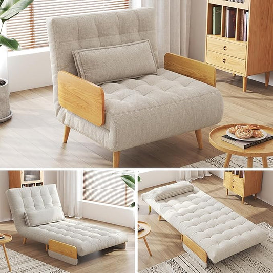JASIWAY Convertible Sleeper Chair Bed for Adults 3 in 1 Linen Convertable Futon Chair with Pillow Fold Out Single Sleeper Couch Guest Bed for Small Spaces Bedroom Office Mid-Century 36.6 | 5 Ad
