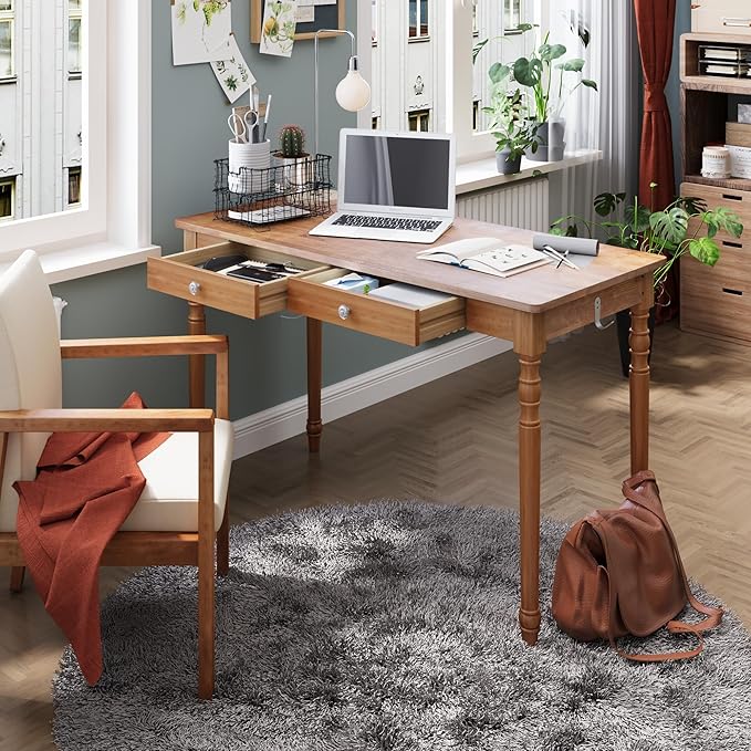 Solid Wood Desk with Drawers - 48 Inch Writing Desk with Drawers Mid Century Modern Desk with 2 Hooks Rubber Wood Study Table for Bedroom Living Room &amp Office Walnut Color