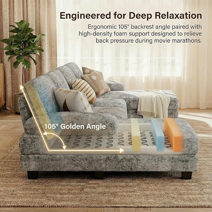 Homall Modular Sectional U Shaped Sofa Couches for Living Room Comfy Chenille 4 Seat Sofa Set with Removable Pillows Lounge Chaise Upholstered Couch for Apartment (Chenille Grey)