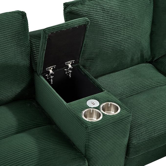 Modern U-Shaped Sofa 116.9 Sectional Sofa Corduroy Upholstered Sofa Couch with Storage Ottomans Cup Holders and USB Ports for Living Room (Green-X70)