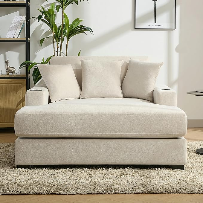 Oversized Chenille Fabric Chaise Lounge Chair Indoor 55 Oversized Chaise Lounger Modern Style Sofa Couch with Pillows Charge Station &amp Cup Holders for Living Room Office (Cream 55)