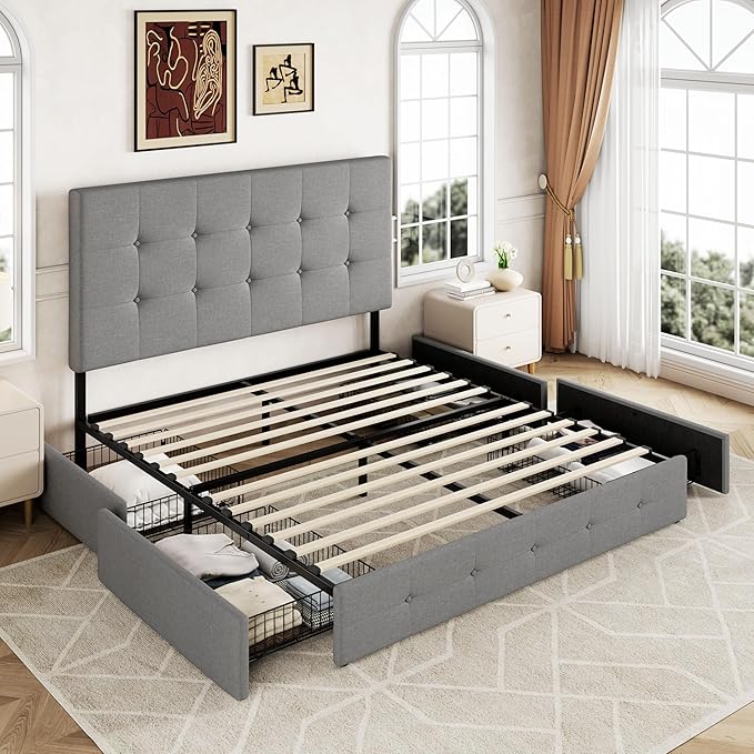 Allewie Upholstered Full Size Platform Bed Frame with 4 Storage Drawers and Headboard Square Stitched Button Tufted Mattress Foundation with Wooden Slats Support No Box Spring Needed Light Grey