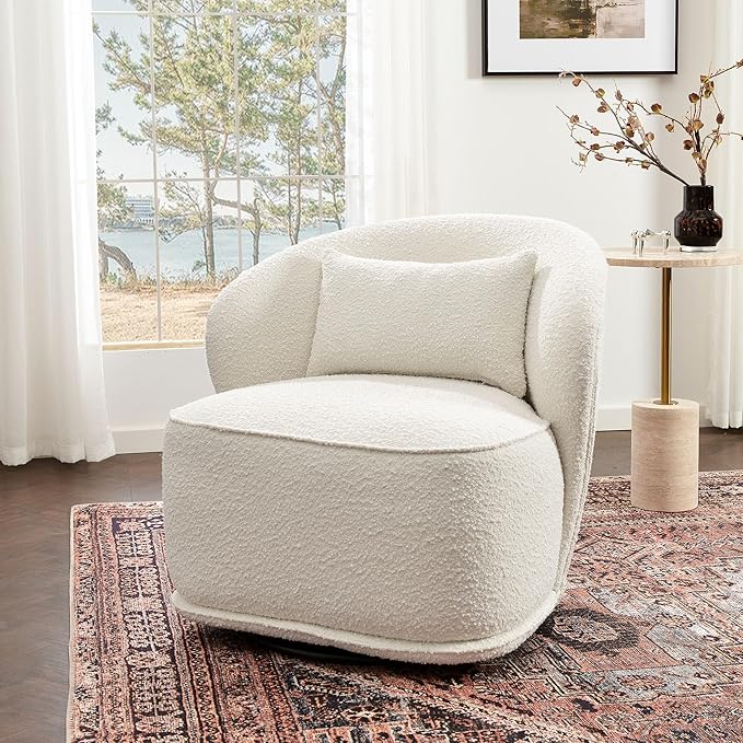 KINWELL 33 W Mid Century Modern Swivel Barrel Chair Upholstered Boucle Swivel Accent Chairs No Assembly Sofa Chair with Toss Pillow for Living Room Bedroom Reading Nursery Cream