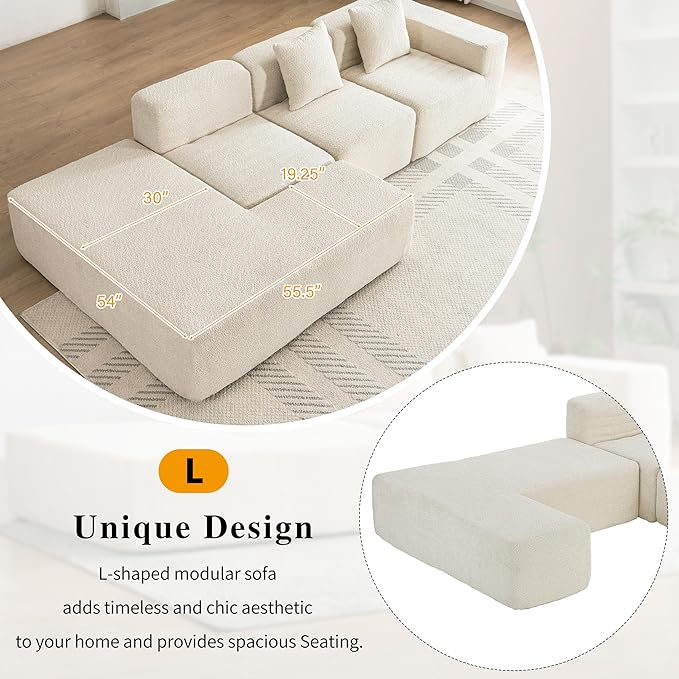 Merax 116.5 Minimalist Cloud Sectional Couch with L-Shape Chaise Cream Modern Modular Sofa with Deep Seat White Convertible 4 Seat Sleeper Couches Set for Living Room No Assembly Required Beige