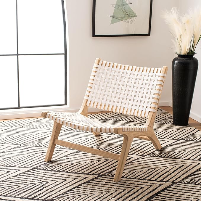 SAFAVIEH Home Collection – Luna Natural Solid Wood &amp White Leather Woven Accent Chair Contemporary Lounge Chair Fully Assembled (ACH1002A)