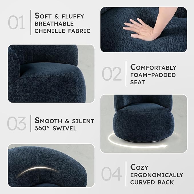 Lexicon Modern Barrel Swivel Accent Chair - Upholstered Soft Chenille Fabric with Metal Base 360 Degree Round Swivel Accent Chair for Living Room Bedroom Office No Assembly Required Blue