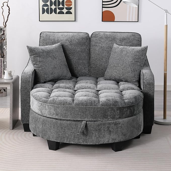 Modern Double Sofa Chaise Longue with Irregular Armrests and Backrests Footrest with Storage Space Sofa Bed for Living Room Bedroom Office (Grey/D1)