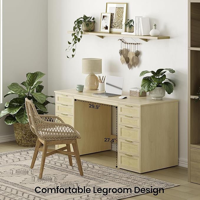 WOPITUES 60 Boho Home Office Desk with 10 Wooden Drawers Rattan Computer Writing Desk with Power Outlets Large Executive Desk with Storage Cabinet for Work Study Writing Craft Natural Brown