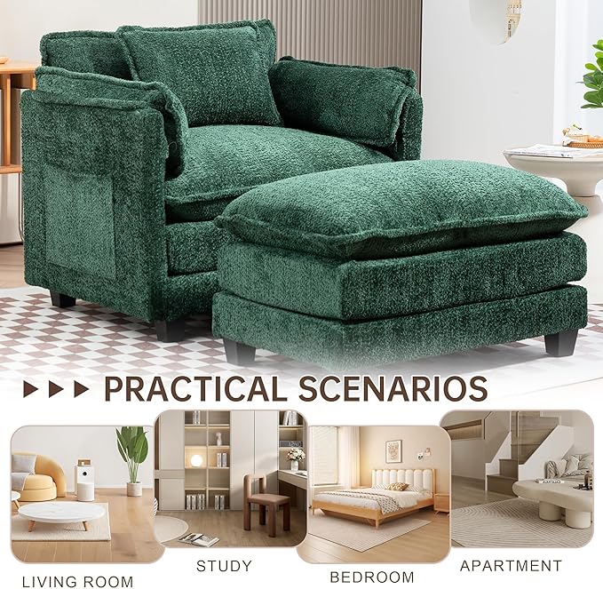 KEIKI Boucle Accent Chair with Storage &amp Ottoman Oversized Reading Arm Chair w/Double Cushion Modern Side Deep Seating Chairs Set Corner Comfy Lounge Armchair for Living Room Bedroom Dark Gre