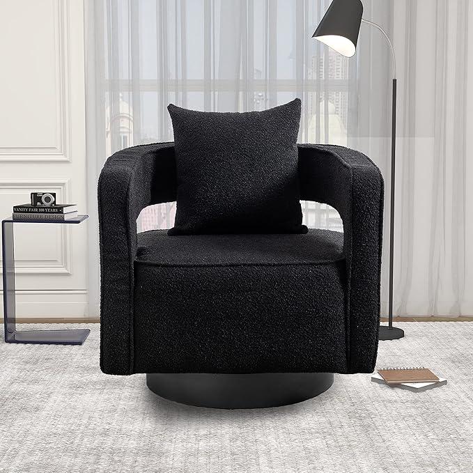 29 W Modern Boucle Swivel Accent Chair Open Back Comfy Sofa Chair with Black Wood Base for Nursery Bedroom Living Room Hotel Office Club Leisure Lounge Chair (Black)