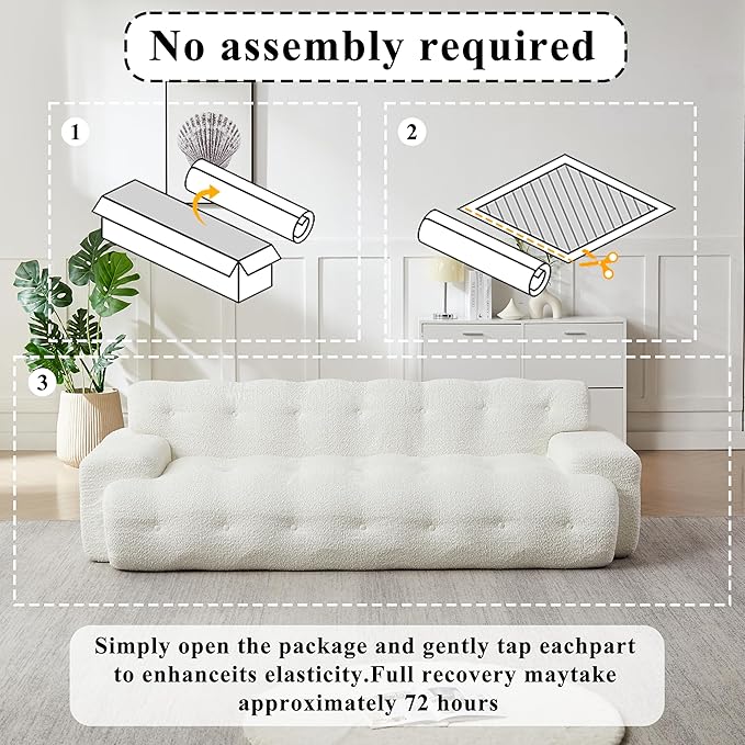 KEIKI 87.4 Cloud Couch Oversized 3 Seat Sofa with Button-Tufted Square Arm Deep Seat Chenille Seat for Living Room Guest Bedroom No Assembly Required White