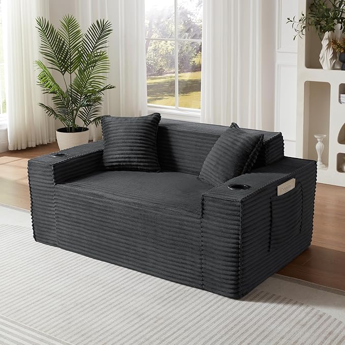 KEIKI 61 Corduroy Compressed Oversized Loveseat Sofa with Deep Seat &amp High Resilience Cushion Upholstered Boneless 2-Seater Couch with 2 Cup Holder No Assembly Required for Living Room Dark G