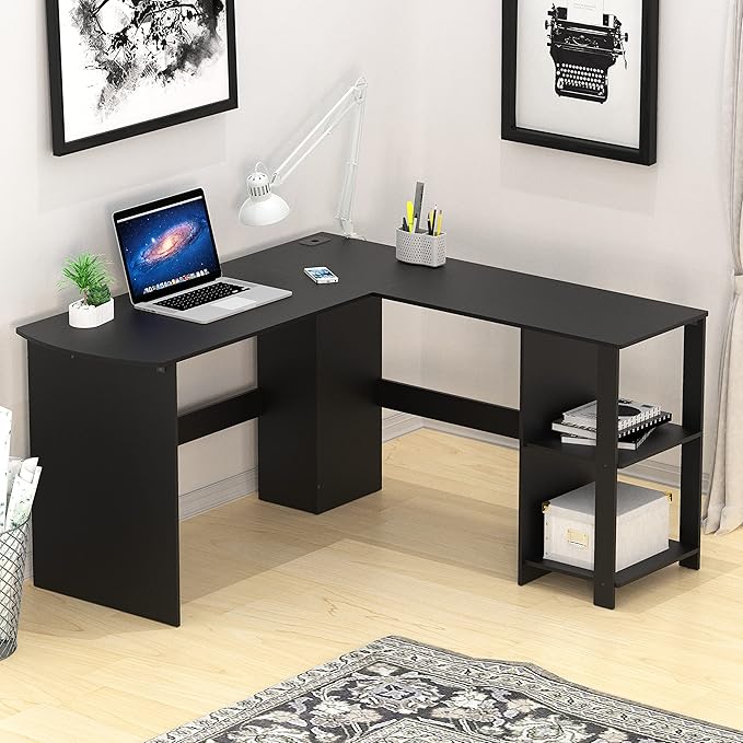 SHW 51 x 51 Inches L-Shaped Home Office Wood Corner Desk wtih Storage Black