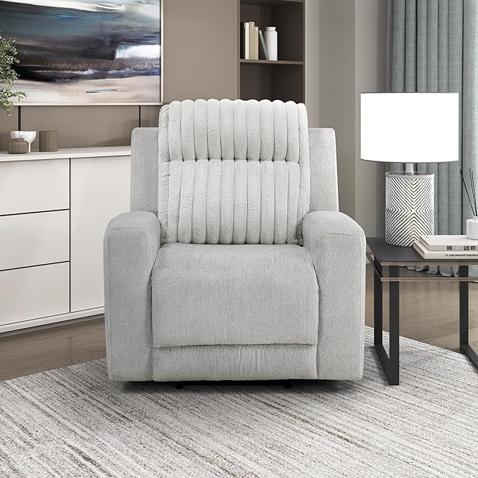 Lexicon Modern Recliner Chair for Living Room Manual Wall Hugger Textured Microfiber Reclining Chair Plush Corduroy Channel Seat Back Manual Recliner Light Gray