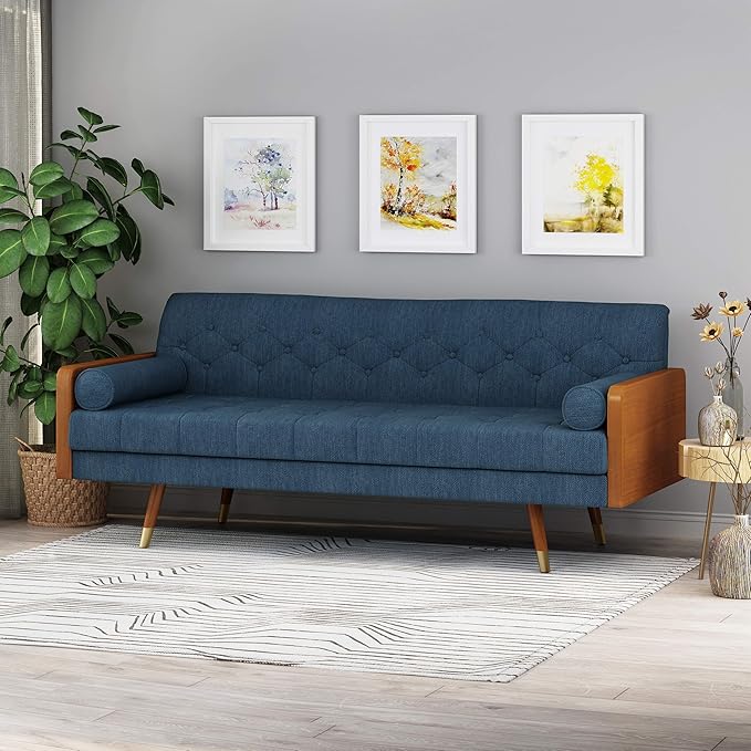 GDFStudio Mid-Century Modern Tufted Fabric Sofa Navy Blue and Dark Walnut