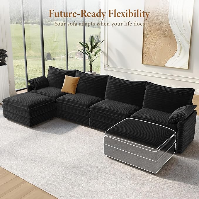 Vesgantti 142 Cloud Couch Sectional Modular Sofa Comfy Sectional Couch with Ottoman Deep Seat Corduroy L Shaped Sofa Modular Couches for Living Room Bedroom and Apartment Black