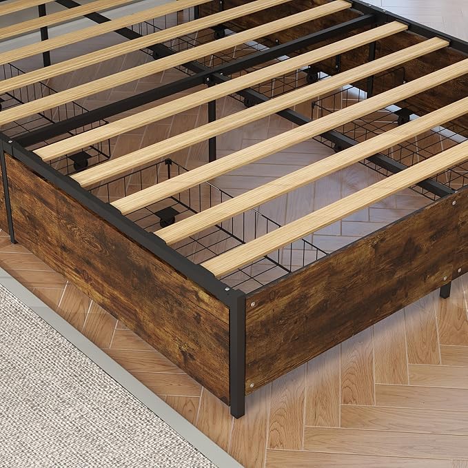 Panana Queen Bed Frame with Storage Headboard Platform Bed with 4 Drawers No Box Spring Needed Easy Assembly Vintage Brown
