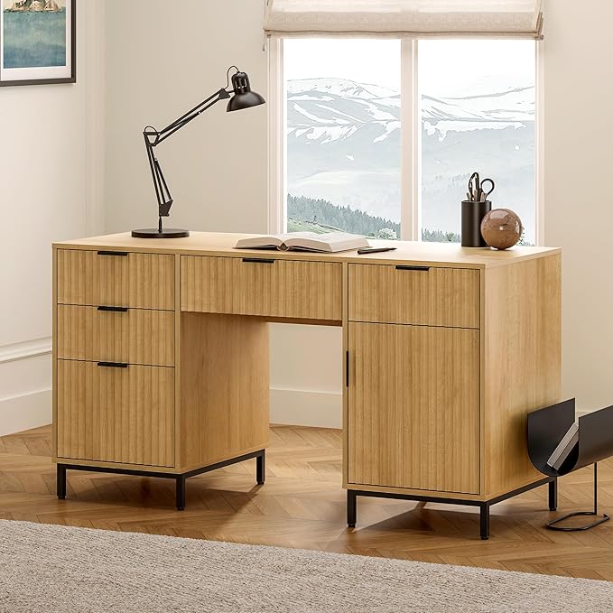 Fluted Executive Desk with File Drawer 55 Large Computer Desk with Storage and Charging Station Modern Wooden Home Office Desk for Workspace Writing Study Nautral Oak