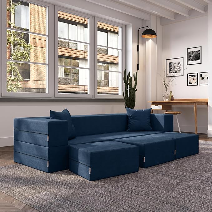 Jaxx Zipline Convertible Sleeper Sofa &amp Three Ottomans/California King-Size Bed Textured Microvelvet - Indigo