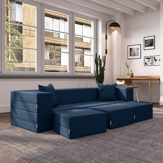 Jaxx Zipline Convertible Sleeper Sofa &amp Three Ottomans/California King-Size Bed Textured Microvelvet - Indigo