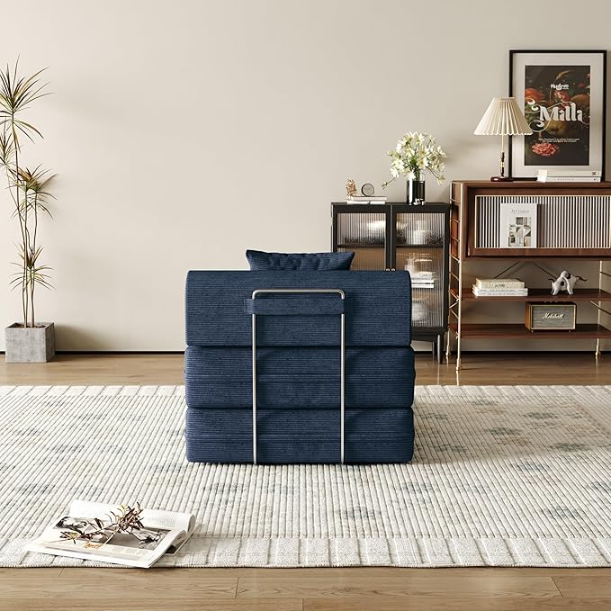 31.5'' Convertible Compressed Corduroy Folding Cloud Sofa Bed Set of 2 2 Pieces Modern Boneless Pull Out Sleeper Sofa Couch 3 in 1 Portable Floor Lounge Chair Set No Assembly Needed Navy Blue