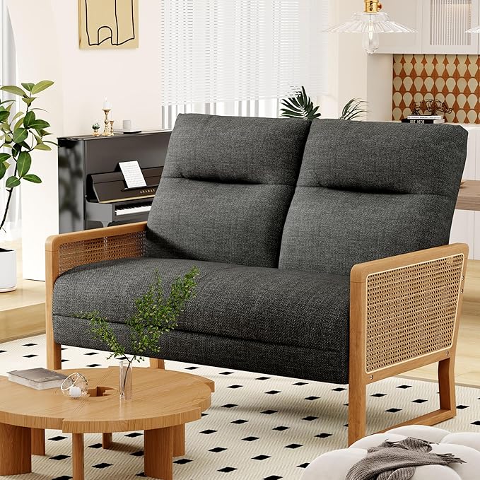 Alunaune Modern Loveseat Bench Couch with Natural Rattan Arm Upholstered Linen Small Love Seat Sofa 2-Seats Living Room Couch Settee Comfy Lounge Recliner Chair-Grey